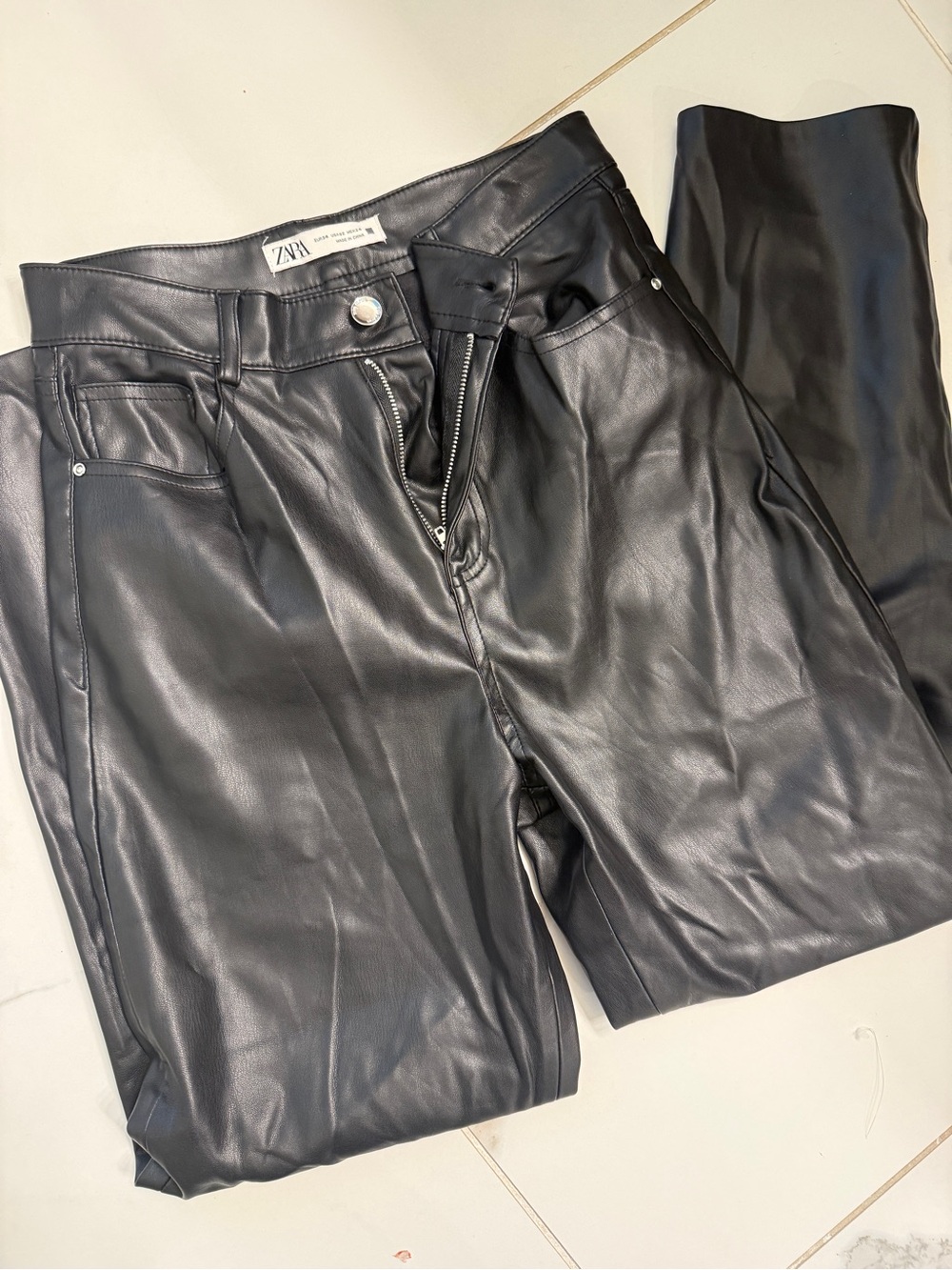 Zara Black Faux Leather Straight-Leg Pants